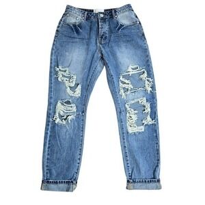 One Teaspoon Saints BF Jeans Blue Love Distressed Ripped Boyfriend Fit Women 26